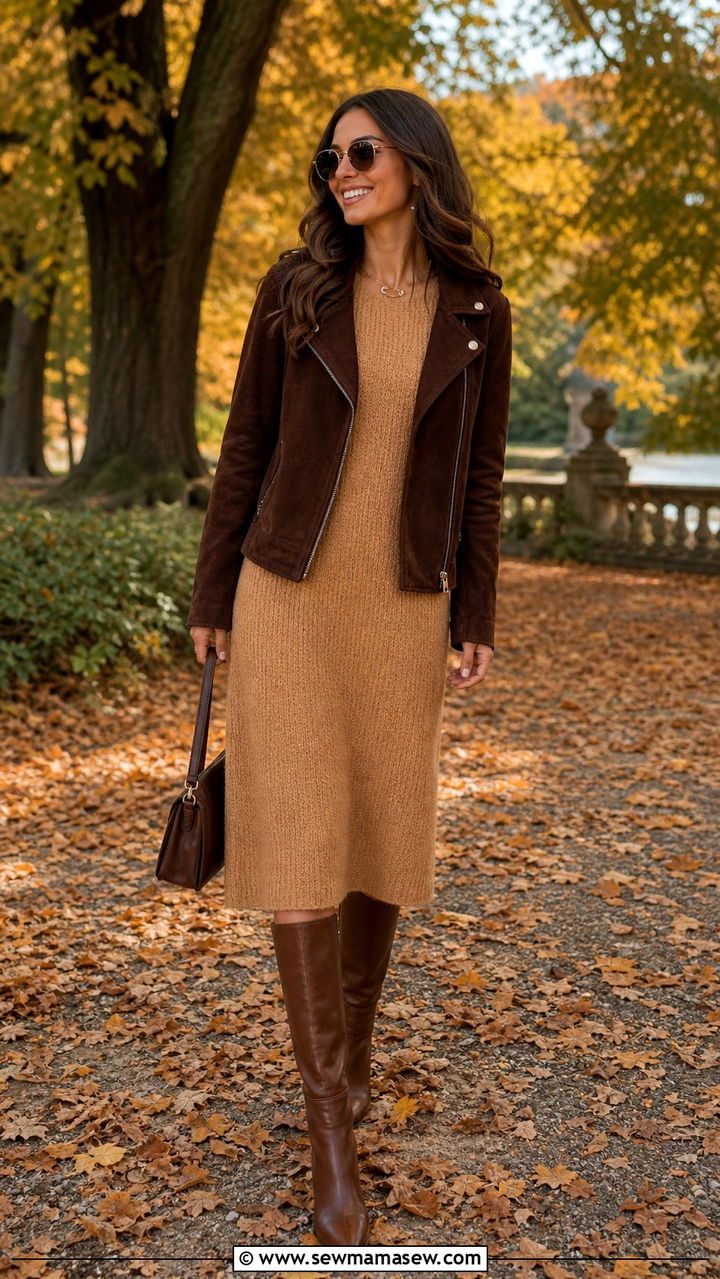 Suede Jacket With Knitted Dress and Knee High Boots - 40 cute jacket outfits