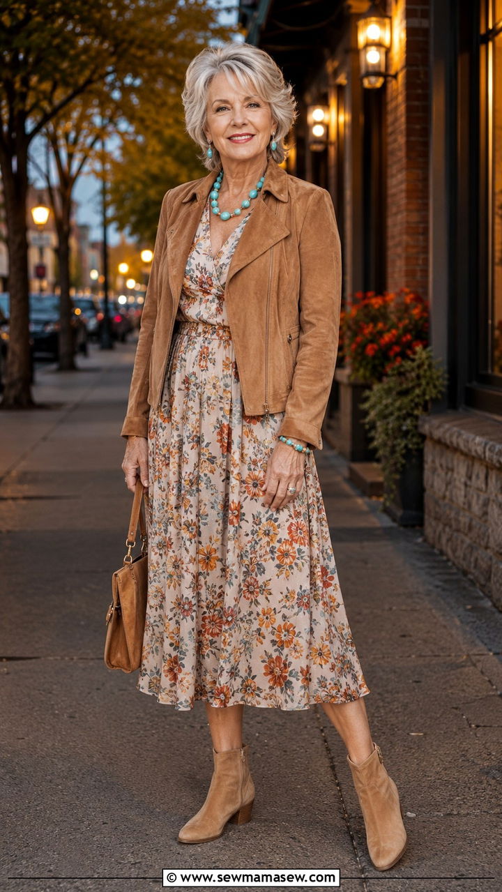 Suede Jacket With Midi Dress - 30 Night out outfit ideas women over 60