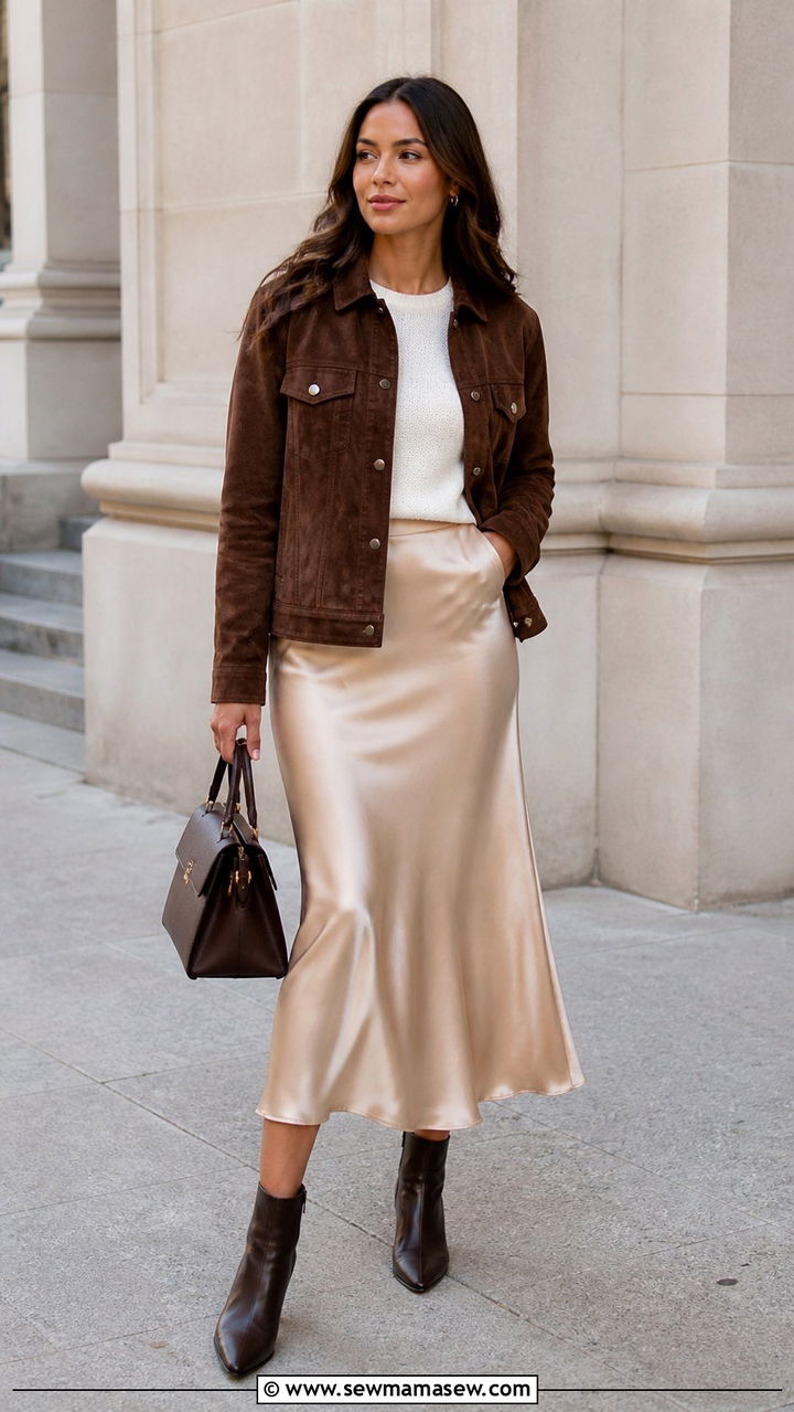Suede Jacket With Satin Skirt - 20 fashion inspo outfits to copy