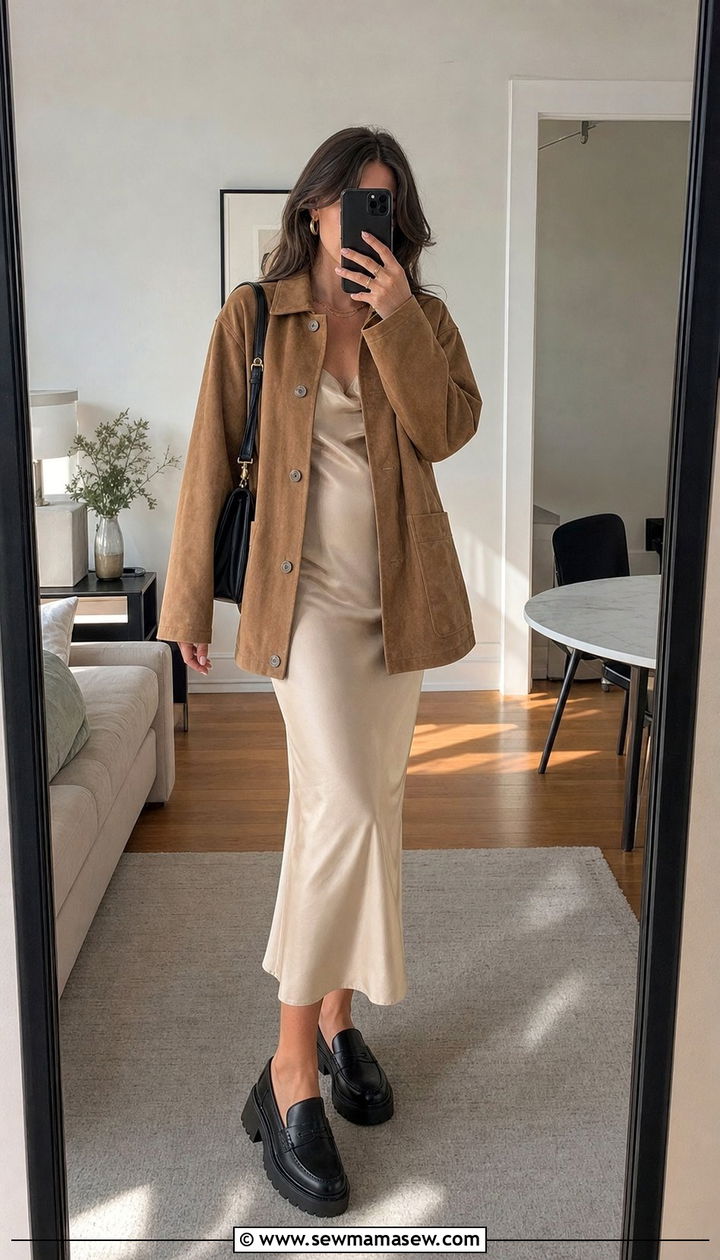 Suede Jacket With Slip Dress and Platform Loafers - 25 spring easy outfit formulas