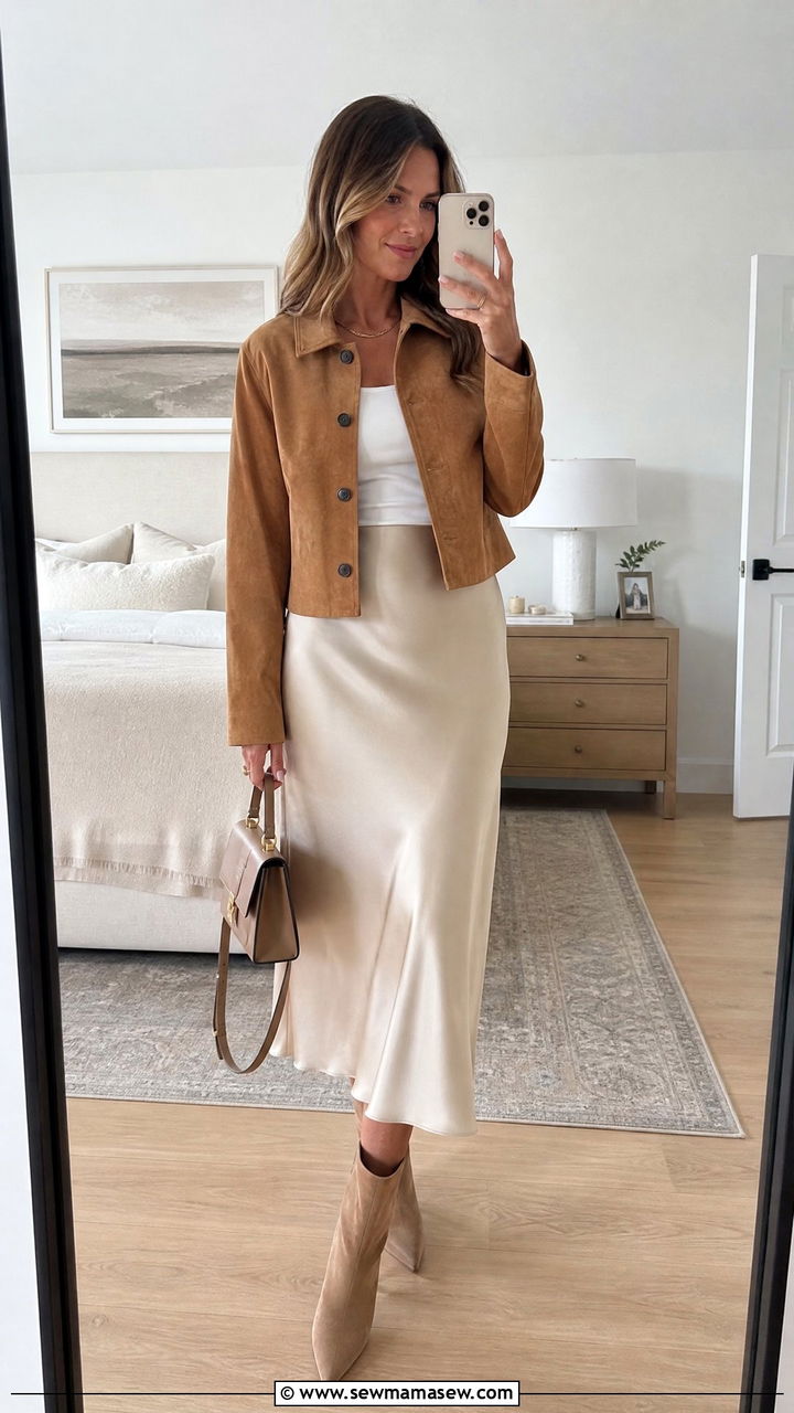 Suede Jacket With Slip Skirt Outfit - 30 classy transitional outfits