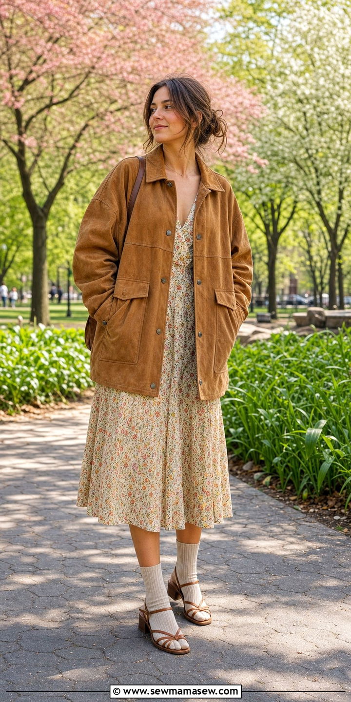 Suede Jacket With Spring Dress And Heeled Socks - 35 April outfit ideas