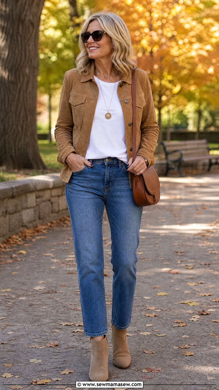 Suede Jacket With Straight Leg Jeans and Booties - 25 Fashion over 50 outfit ideas