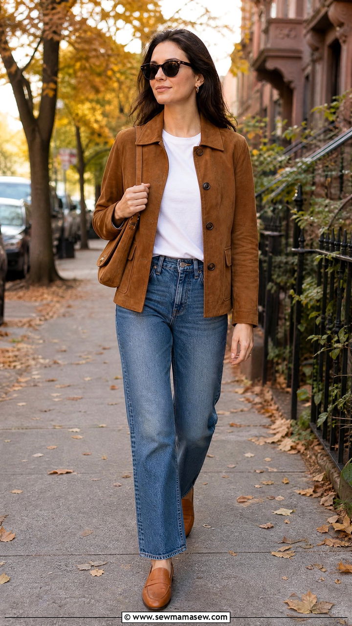 Suede Jacket With Straight Leg Jeans and White Tee - 40 French girl outfits ideas