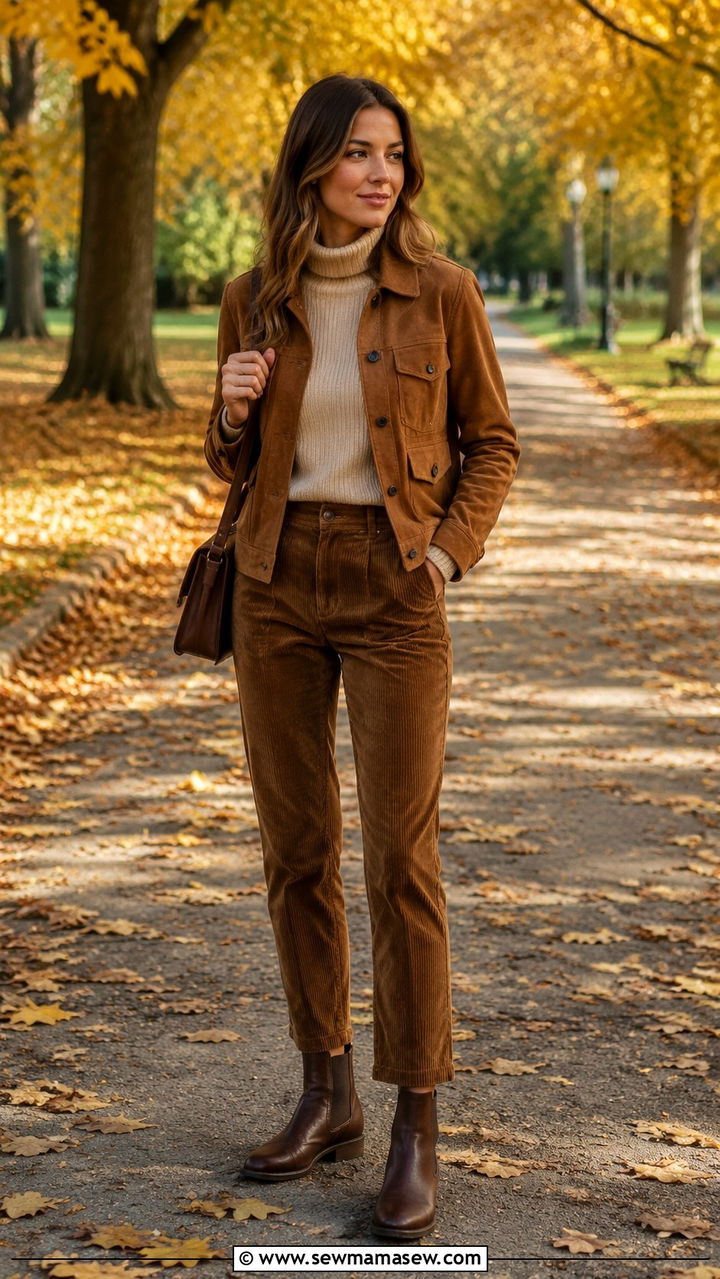 Suede Jacket With Turtleneck Corduroys and Chelsea Boots - 30 transitional outfits aesthetic