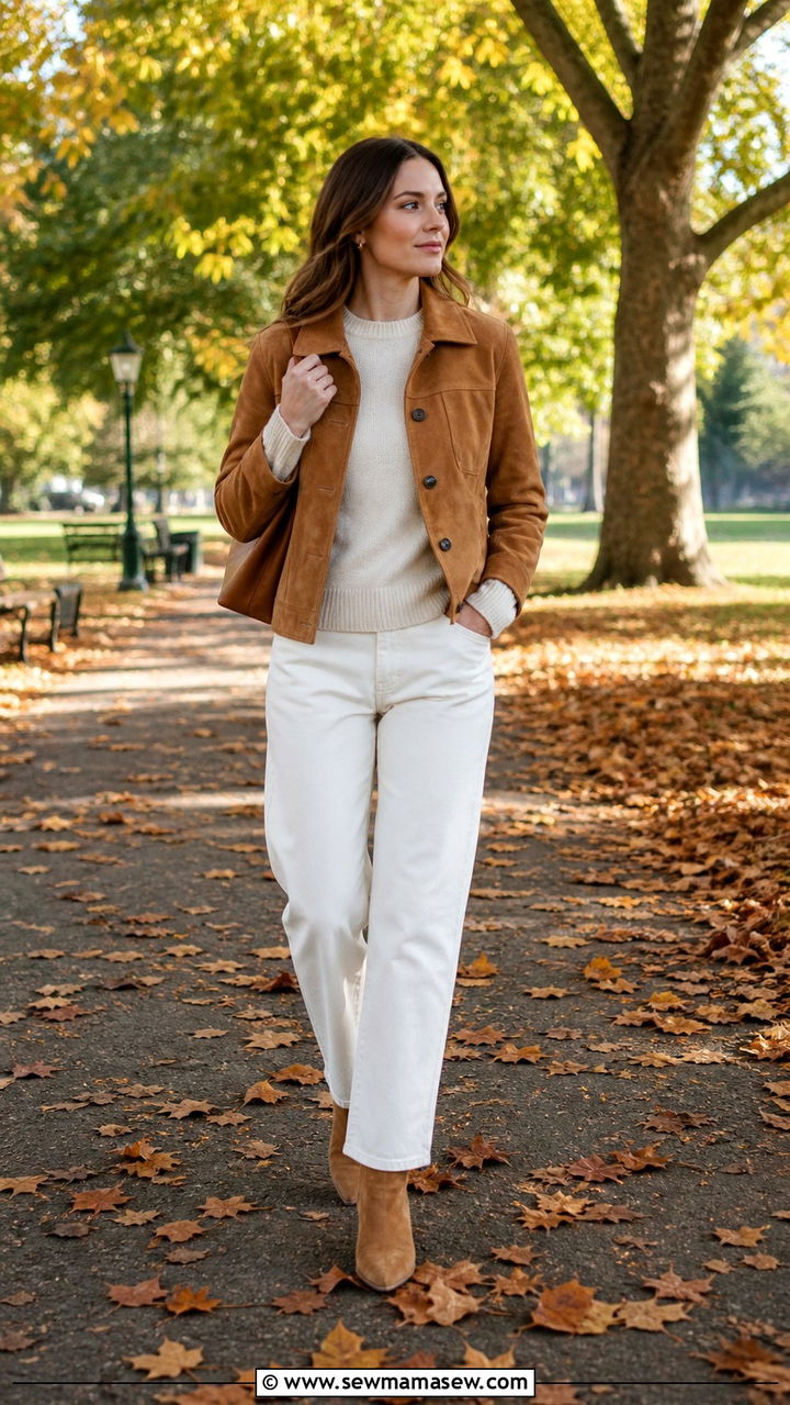 Suede Jacket With White Trousers Outfit - 40 Old money outfit ideas