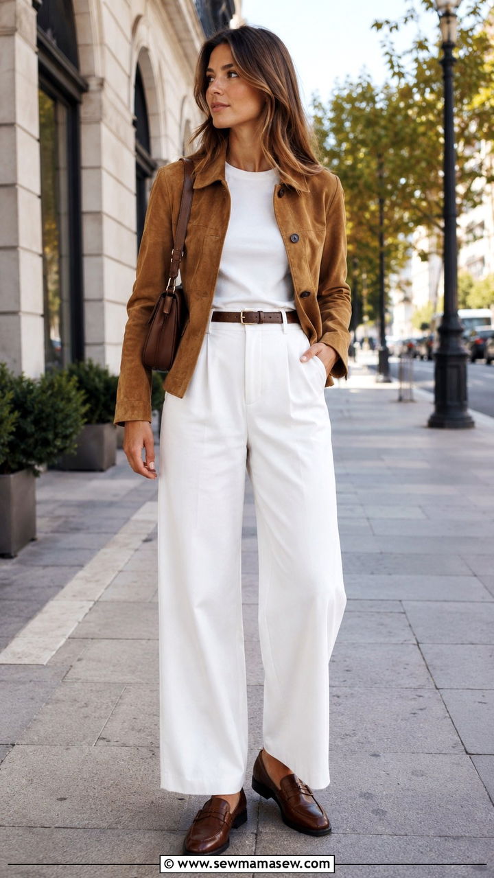 Suede Jacket With White Trousers Spring Outfit - 30 Minimalist spring capsule wardrobe