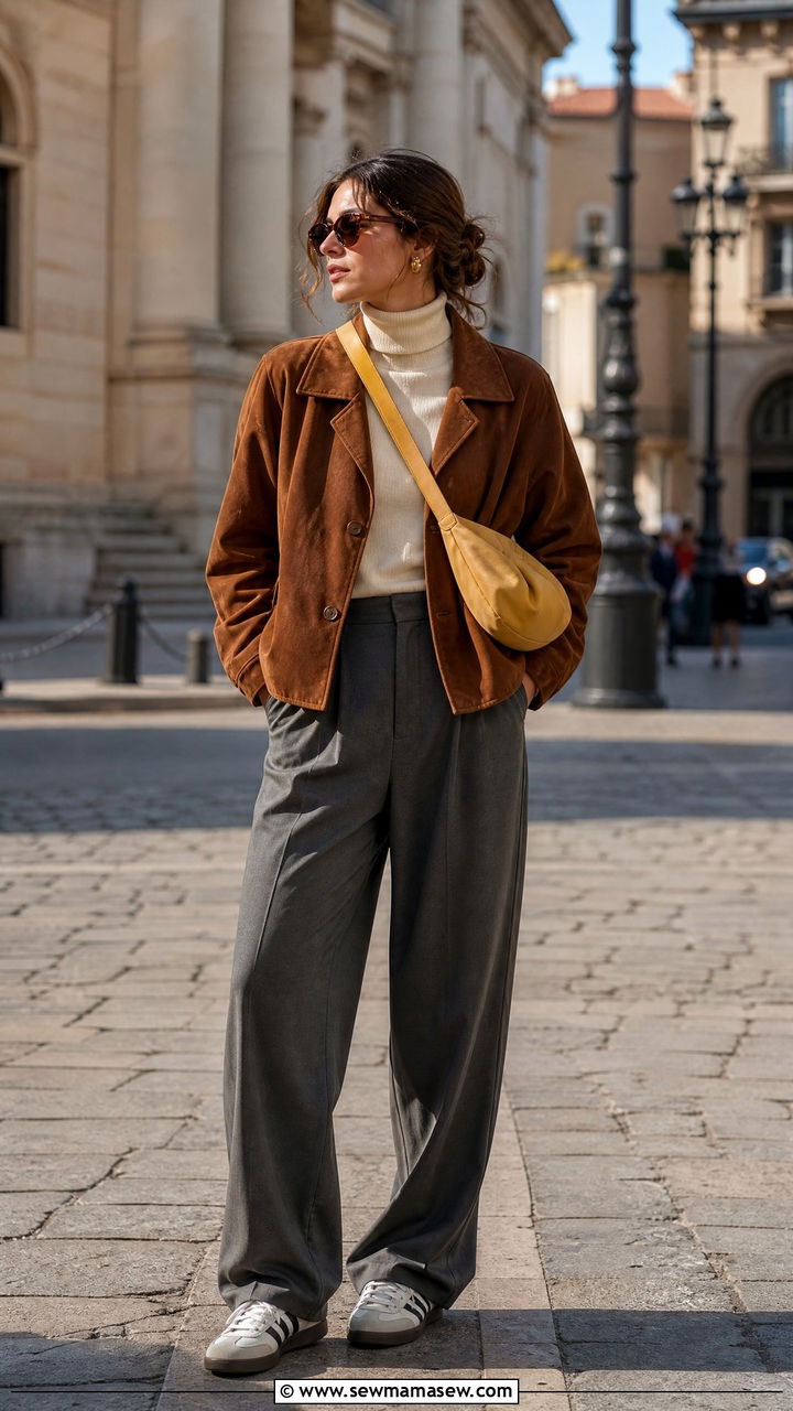 Suede Jacket With Wide Leg Gray Trousers and Retro Sneakers - 40 summer to fall outfits