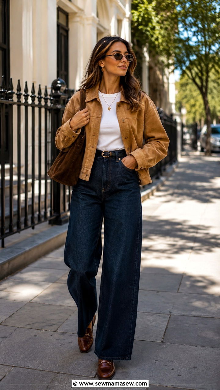 Suede Jacket With Wide Leg Jeans and Loafers - 30 Light jacket weather outfit ideas
