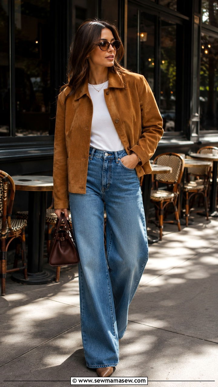 Suede Jacket With Wide Leg Jeans - 20 spring art of the in between outfit ideas