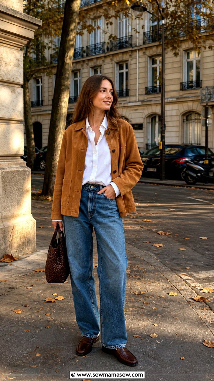 Suede Jacket With a White Button Down and Baggy Jeans - 40 Paris outfit ideas