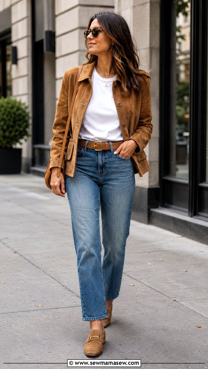Suede Jacket With a White Tee and Straight Leg Denim - 30 transitional casual outfit ideas