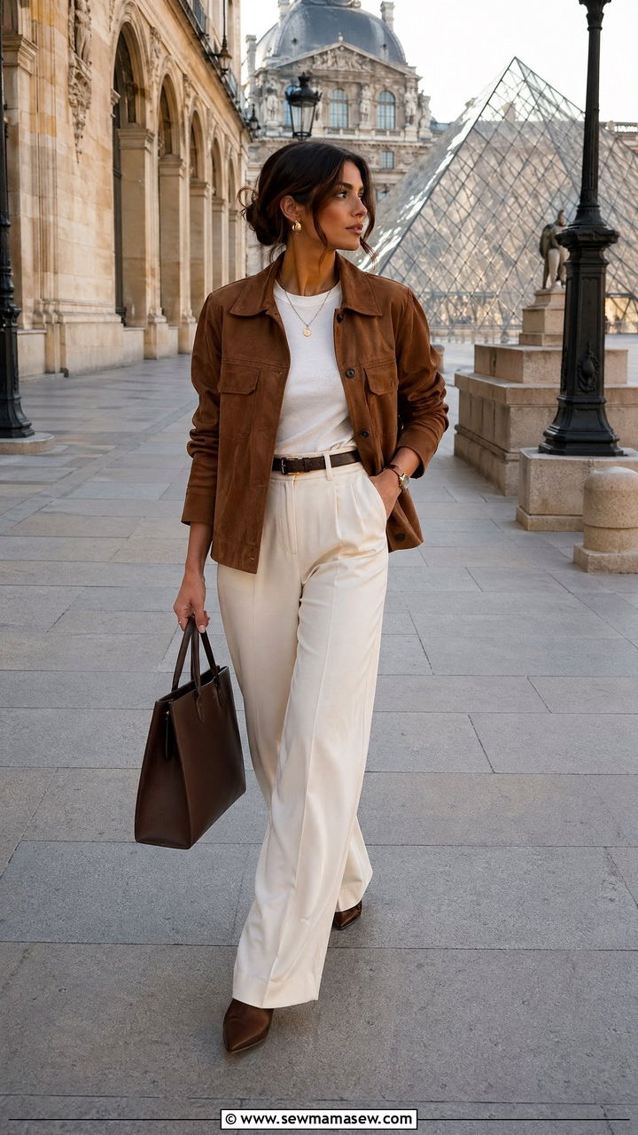 Suede Jacket and Cream Trousers Outfit - 35 Downtown girl outfit ideas