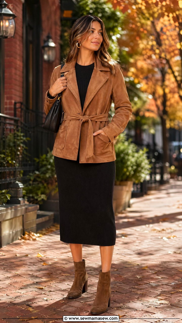 Suede Jacket and Dress Outfit - 35 easy outfit ideas for women