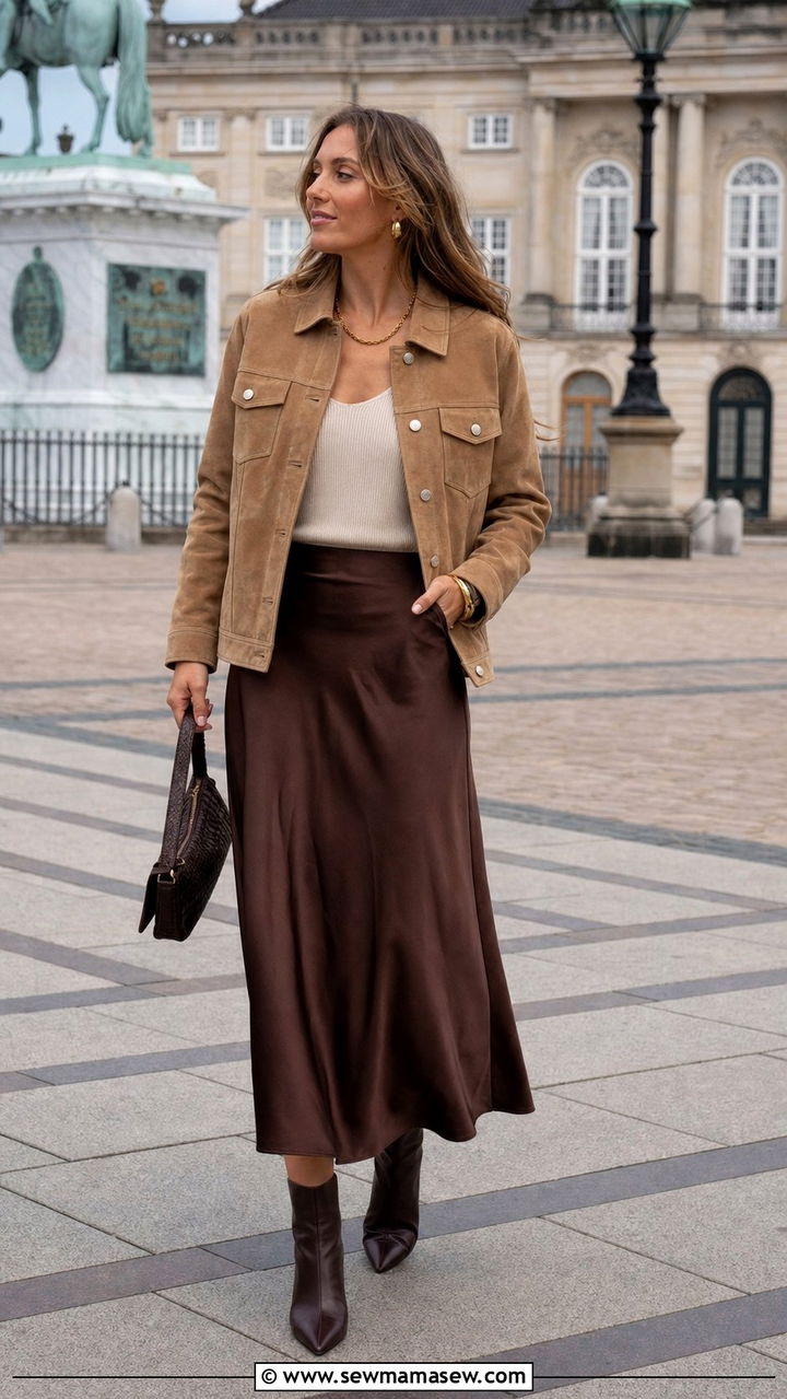 Suede Jacket and Midi Skirt Outfit - 25 Copenhagen outfits aesthetic