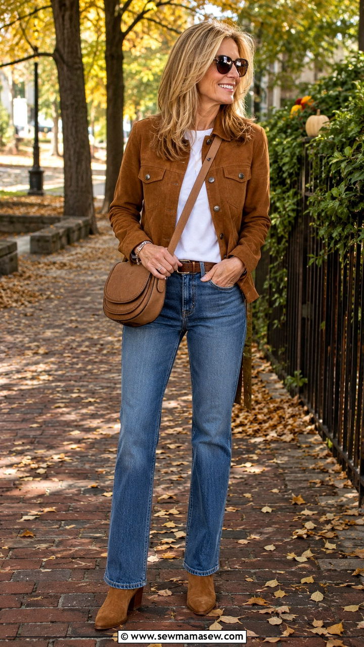 Suede Jacket and Straight Jeans Outfit - 30 Trendy outfit ideas for women over 50