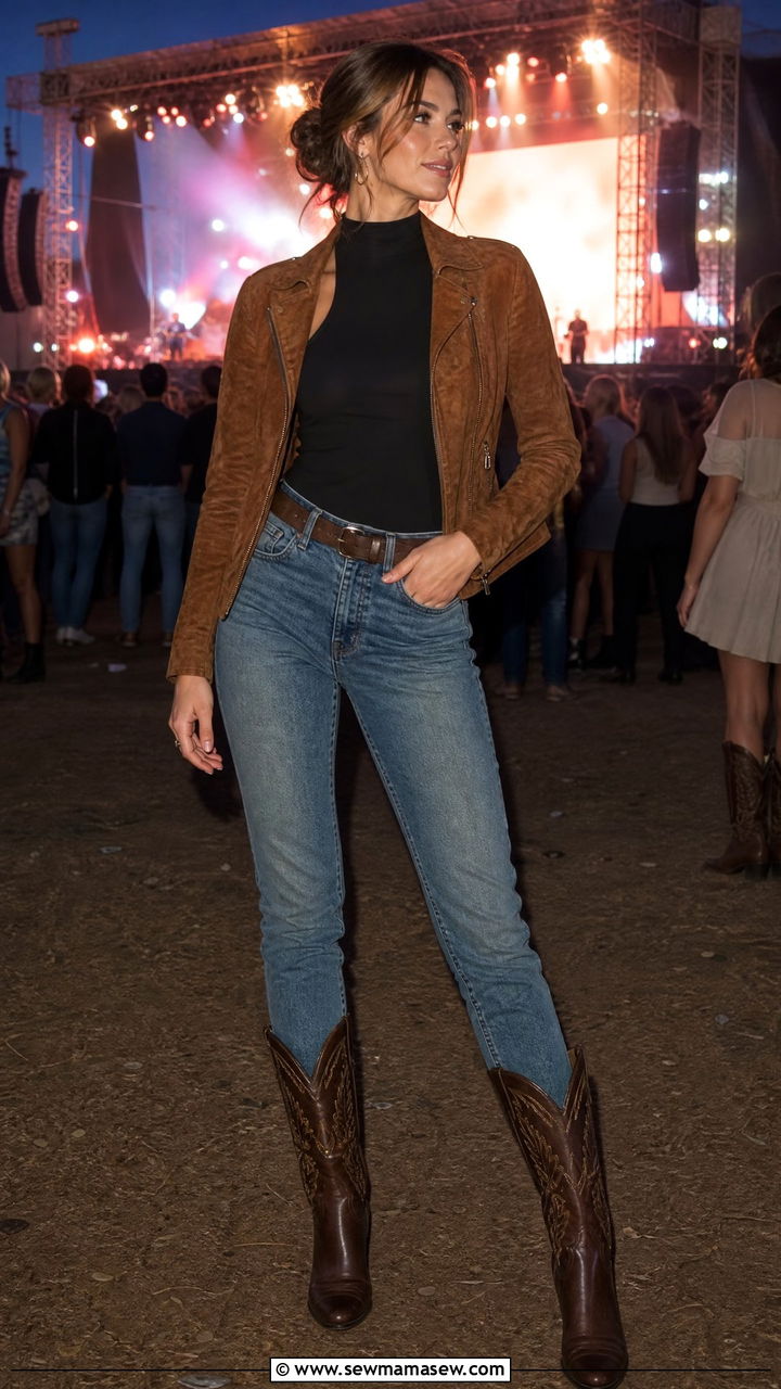 Suede Jacket over Tank with Jeans - 30 modest country concert outfit ideas