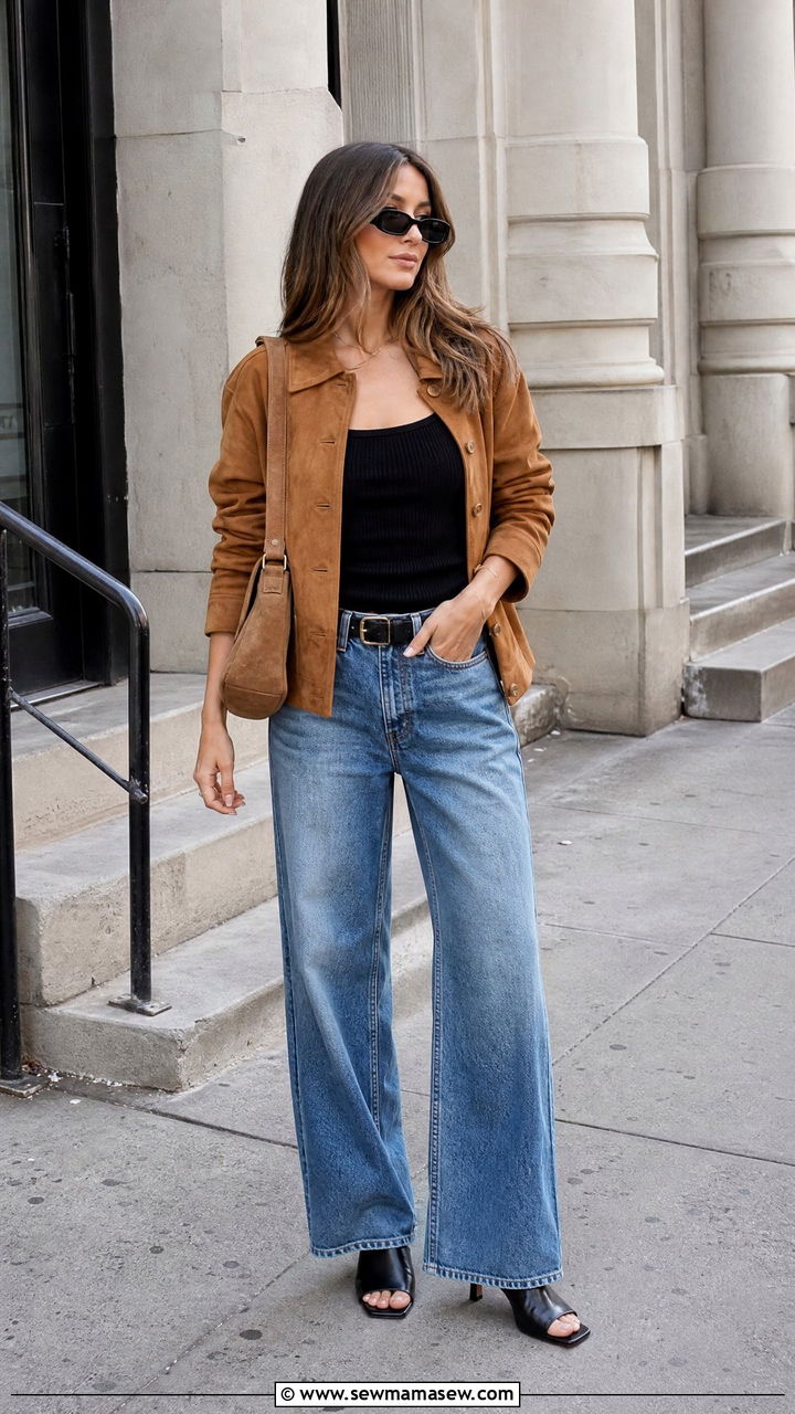 Suede Jacket with Black Tank and Wide Leg Jeans - 20 Spring outfits for 60 degree weather