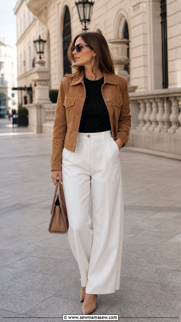Suede Jacket with Black Top and White Trousers Outfit - 20 Spring outfits for 55 degree weather