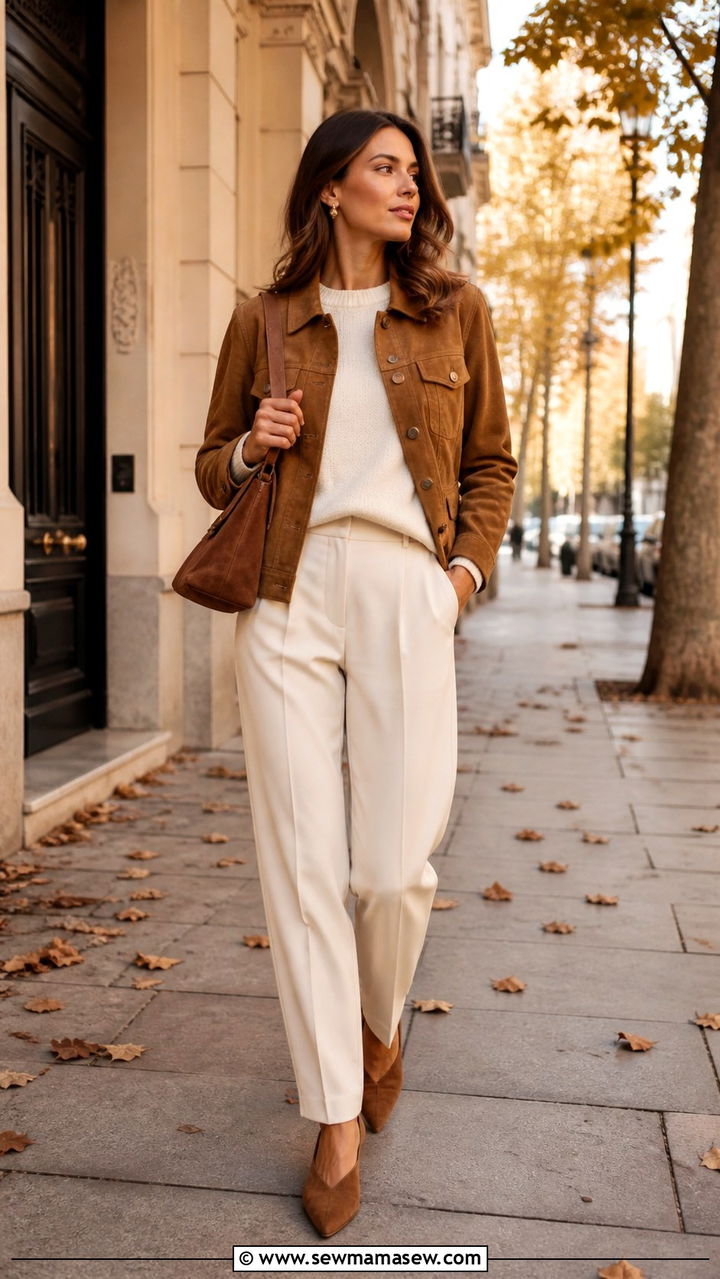 Suede Jacket with Cream Knit and Trousers - 40 parisian outfits for women
