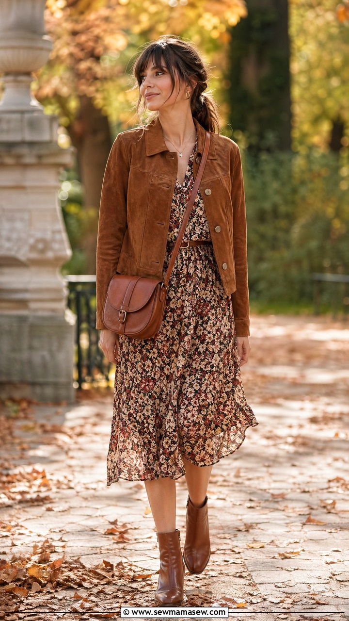 Suede Jacket with Floral Dress and Ankle Boots - 35 french girl outfits for women