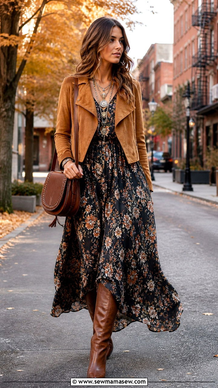 Suede Jacket with Floral Maxi Dress - 40 Bohemian outfit ideas