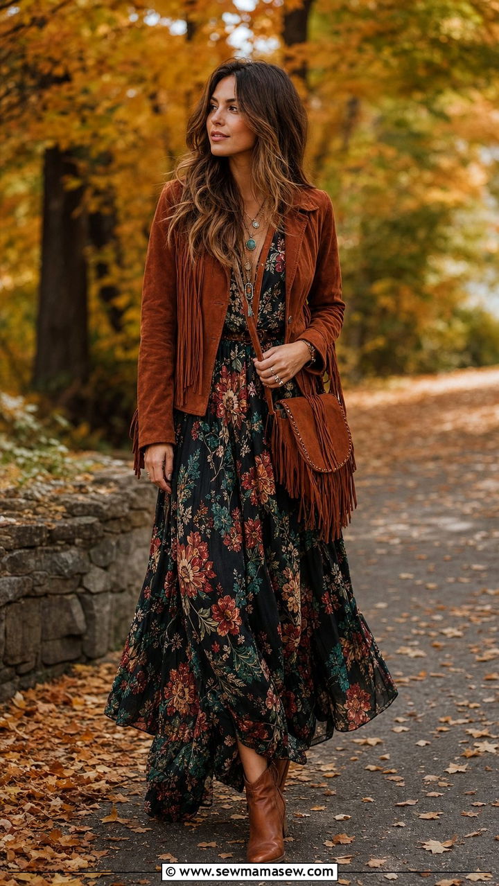 Suede Jacket with Floral Maxi Dress and Ankle Boots - 35 casual boho outfits