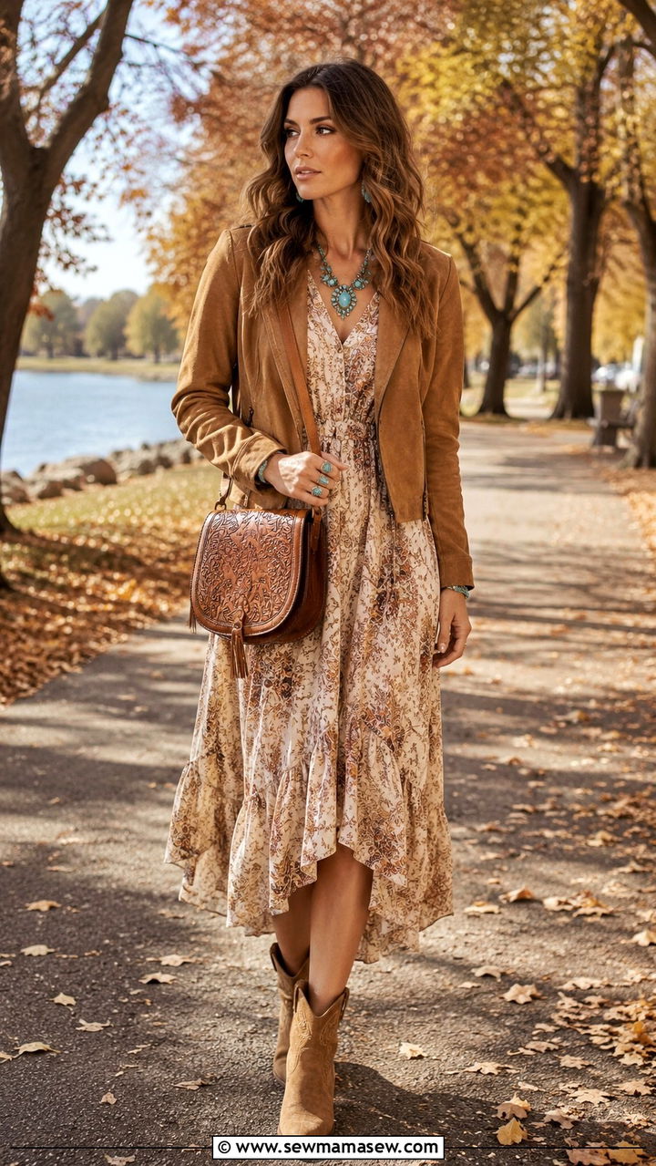 Suede Jacket with Flowy Midi Dress and Western Boots - 30 Boho capsule wardrobe