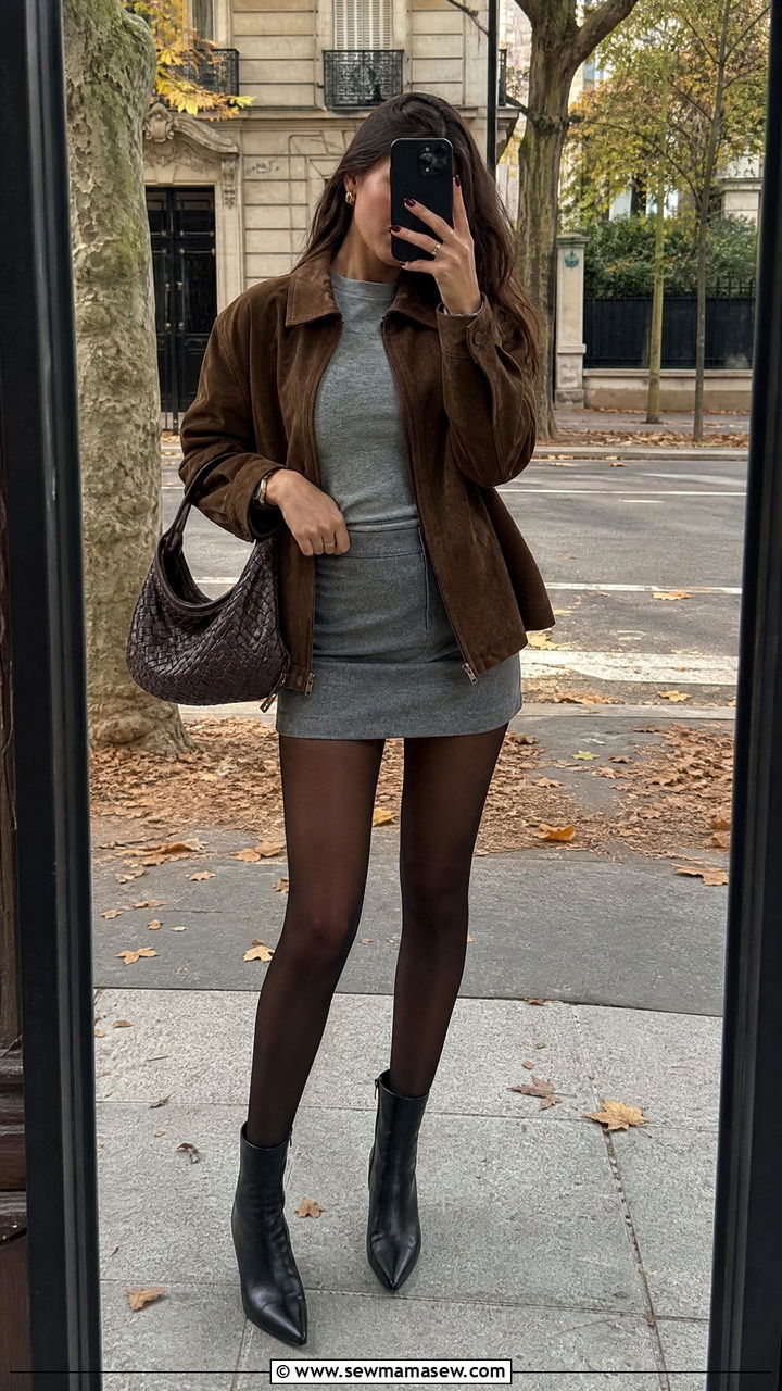 Suede Jacket with Grey Mini Skirt and Ankle Boots - 25 casual classy outfits