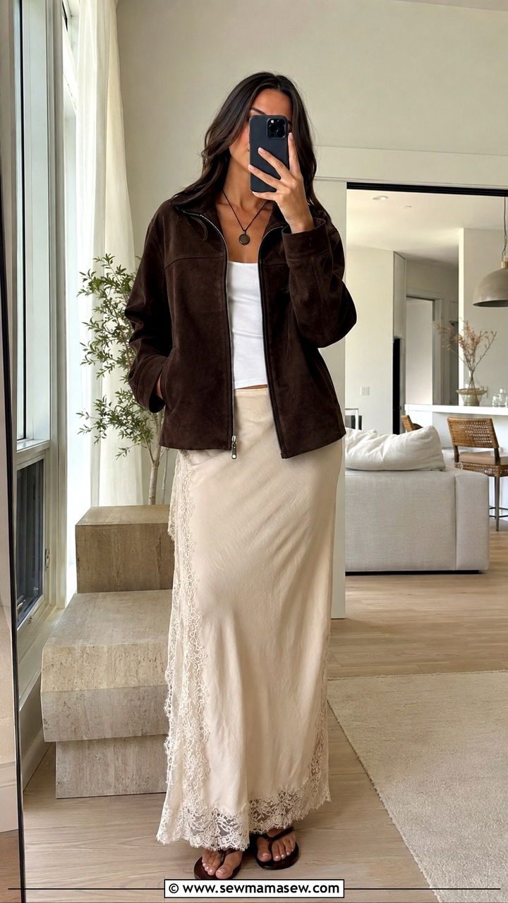 Suede Jacket with Lace Trimmed Slip Skirt and Sandals - 20 summer to fall outfits trends