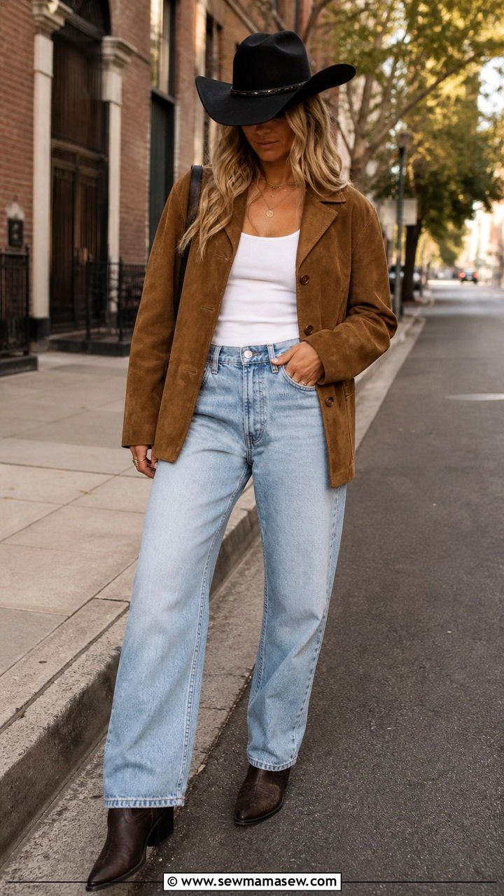 Suede Jacket with Light Wash Denim and Black Cowboy Hat - 40 Western outfit ideas