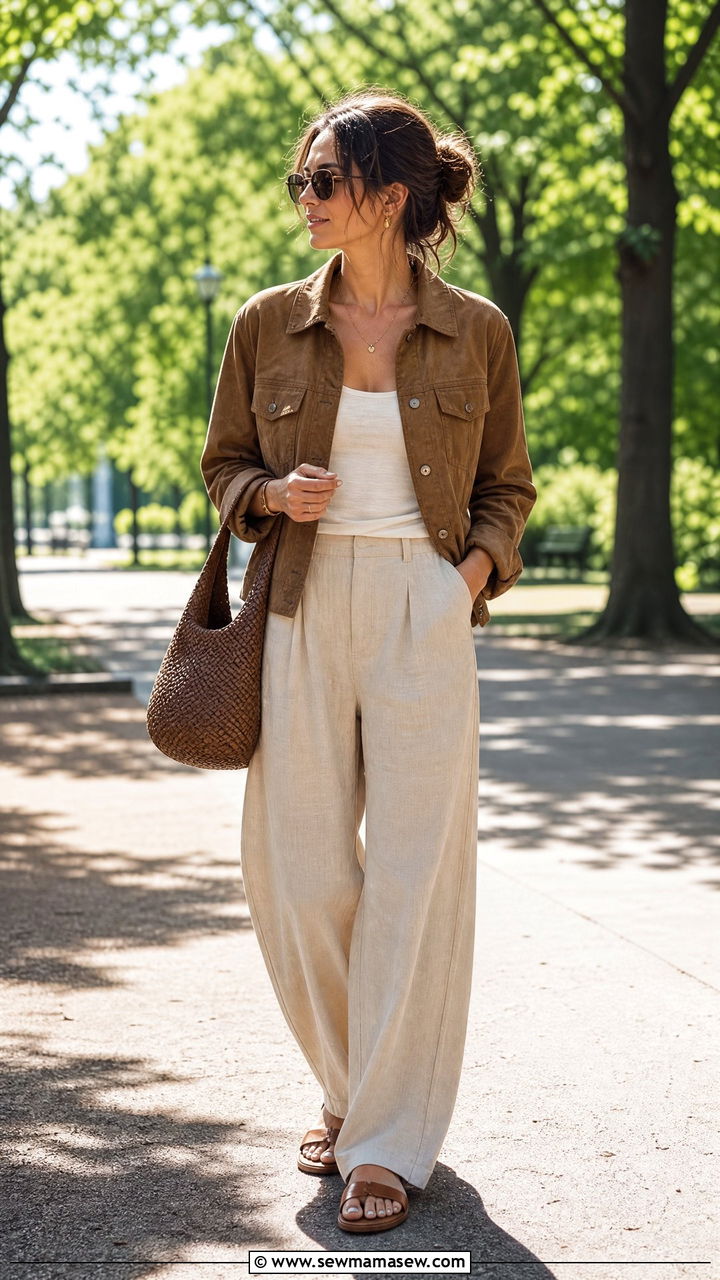 Suede Jacket with Linen Wide Leg Pants - 25 Fashion designer outfit ideas