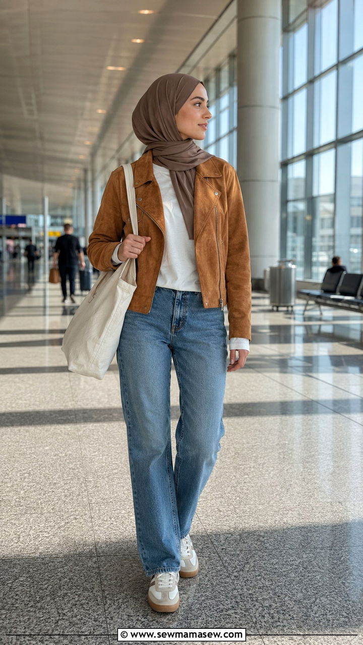 Suede Jacket with Straight Leg Jeans and Retro Sneakers - 30 Modest outfit ideas for airport