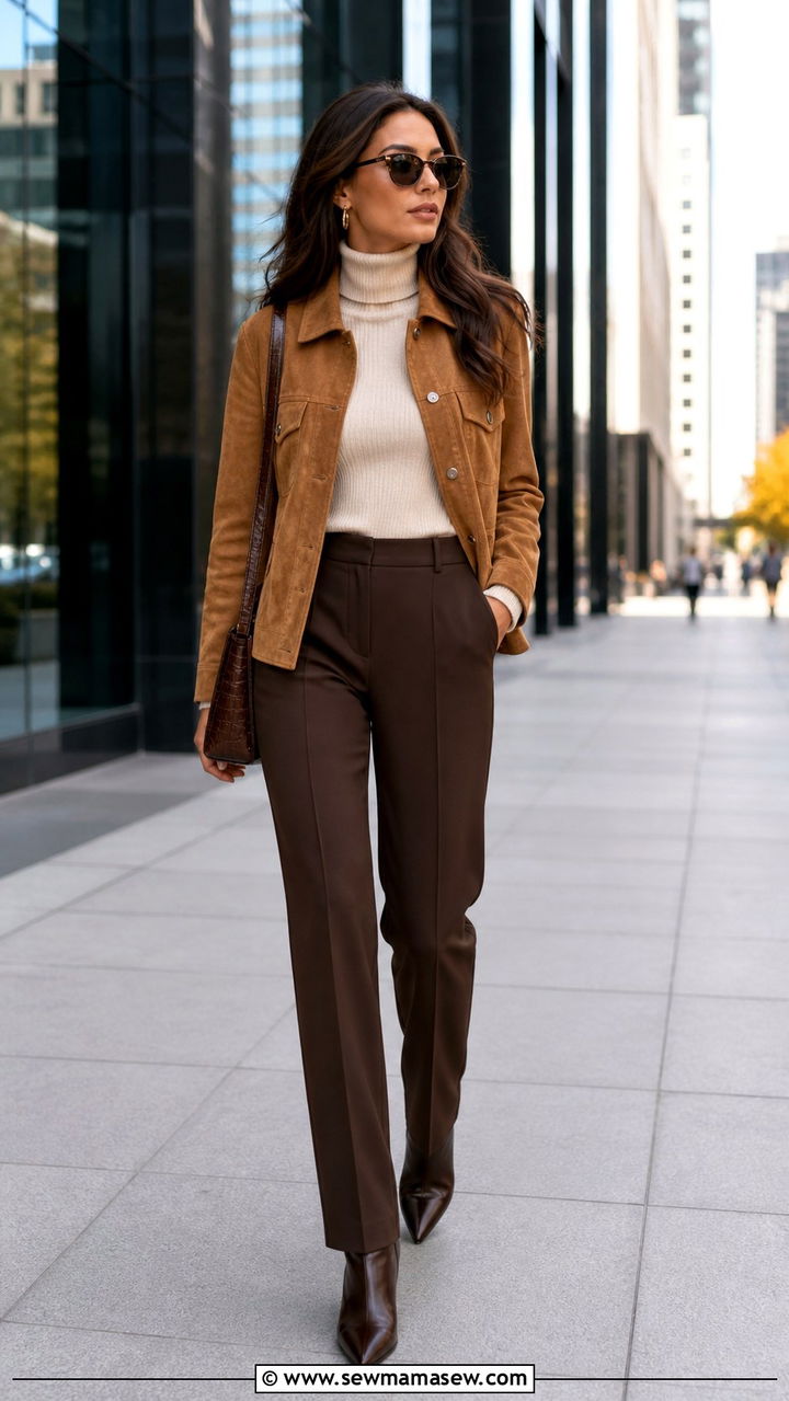 Suede Jacket with Turtleneck and Tailored Trousers - 40 transitional outfits