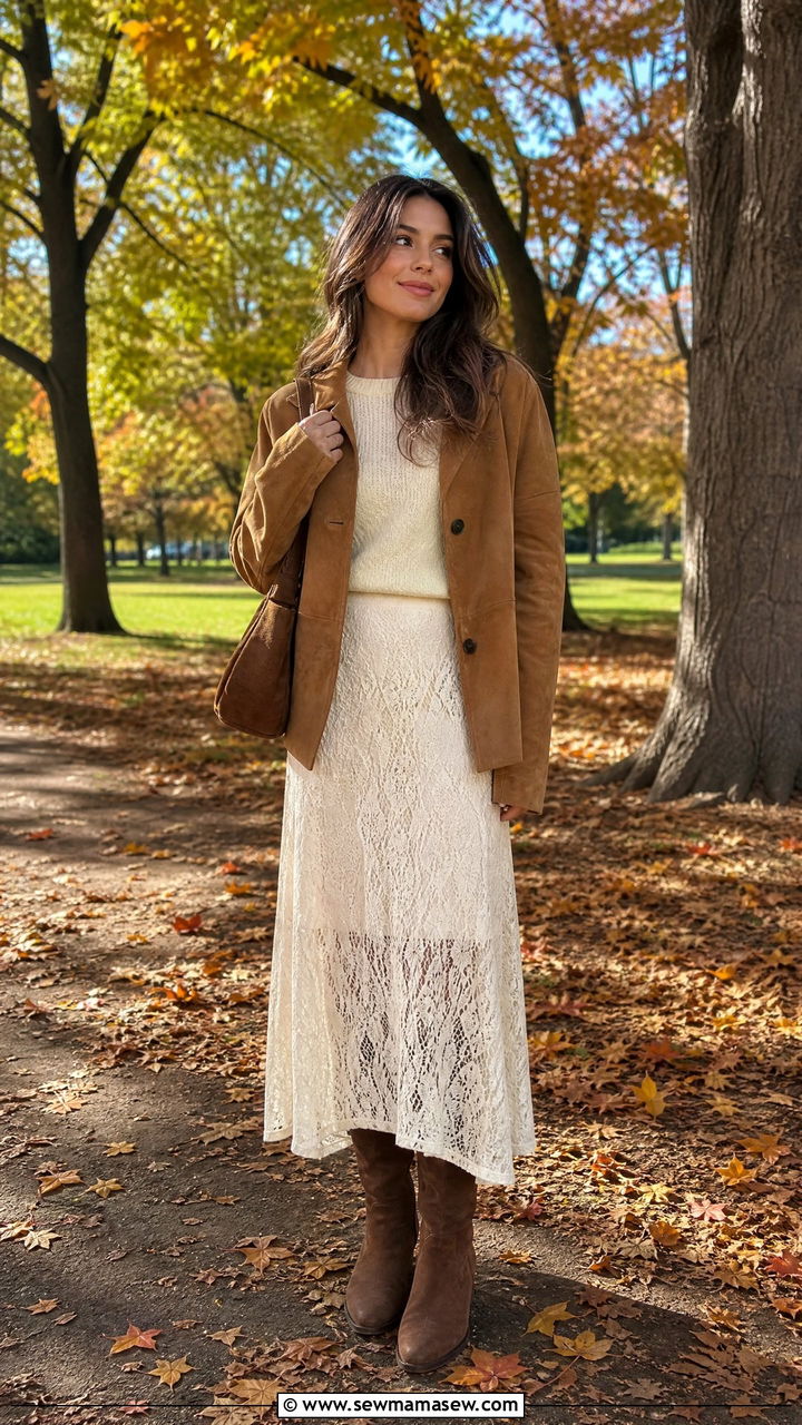 Suede Jacket with a Lace Maxi Skirt and Knee Boots - 35 jacket outfits ideas