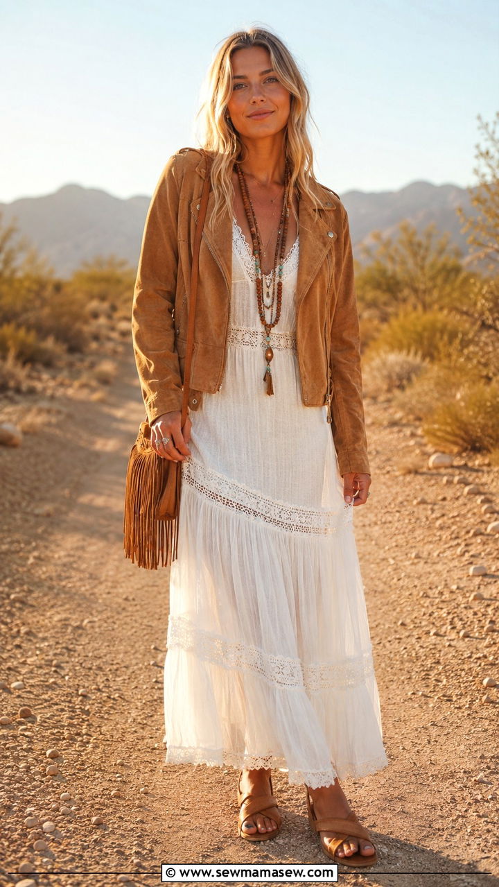 Suede Leather Jacket With Boho Maxi Dress - 30 Leather jacket outfit ideas with a dress