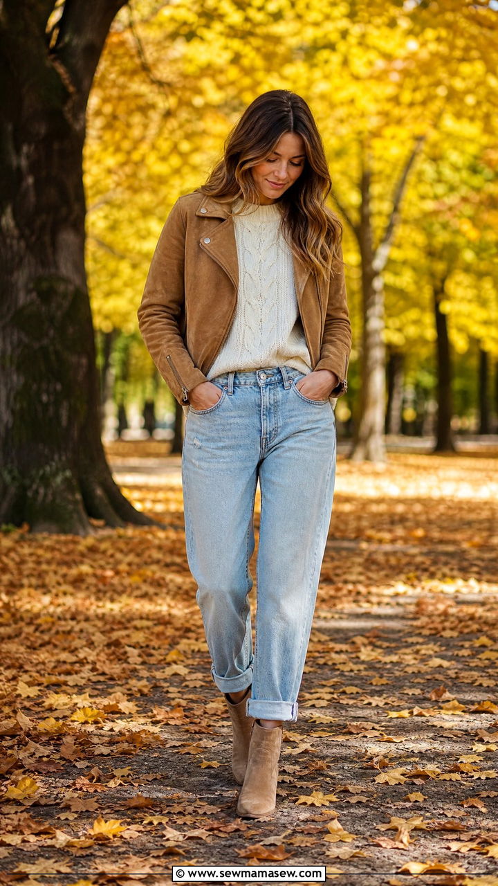Suede Leather Jacket With Knit Sweater And Denim Outfit - 25 chic leather jacket outfit ideas