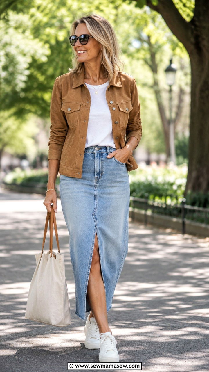 Suede Leather Jacket with Denim Skirt - 30 leather jacket outfits for women over 40