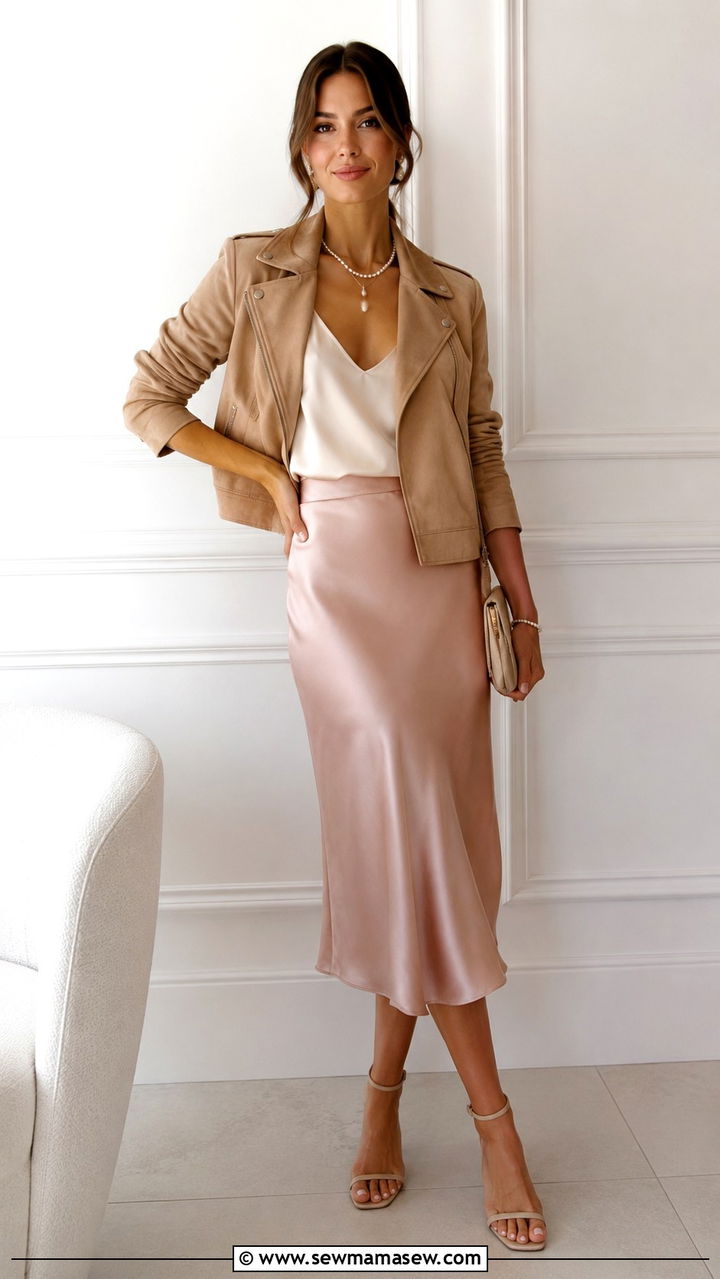 Suede Leather Jacket with Silk Skirt - 30 Spring outfits with leather jacket