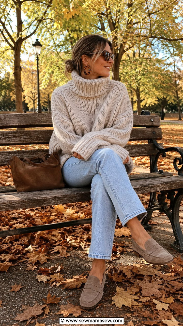 Suede Loafers With Jeans And Chunky Knit Turtleneck - 30 Loafers outfit ideas with jeans