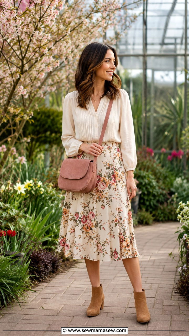 Suede Messenger Bag With Floral Skirt - 30 Messenger bag outfit ideas