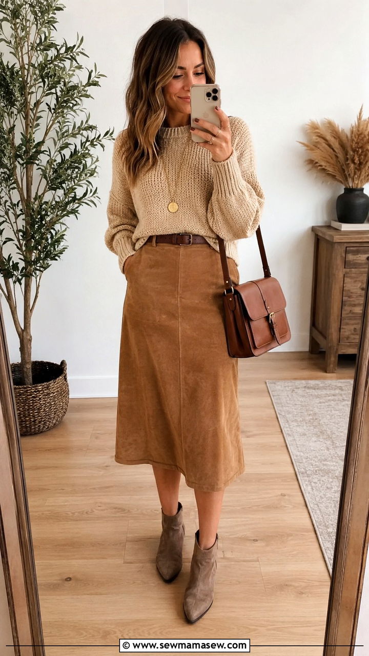 Suede Midi Skirt With A Chunky Knit Sweater - 30 boho capsule wardrobe outfits