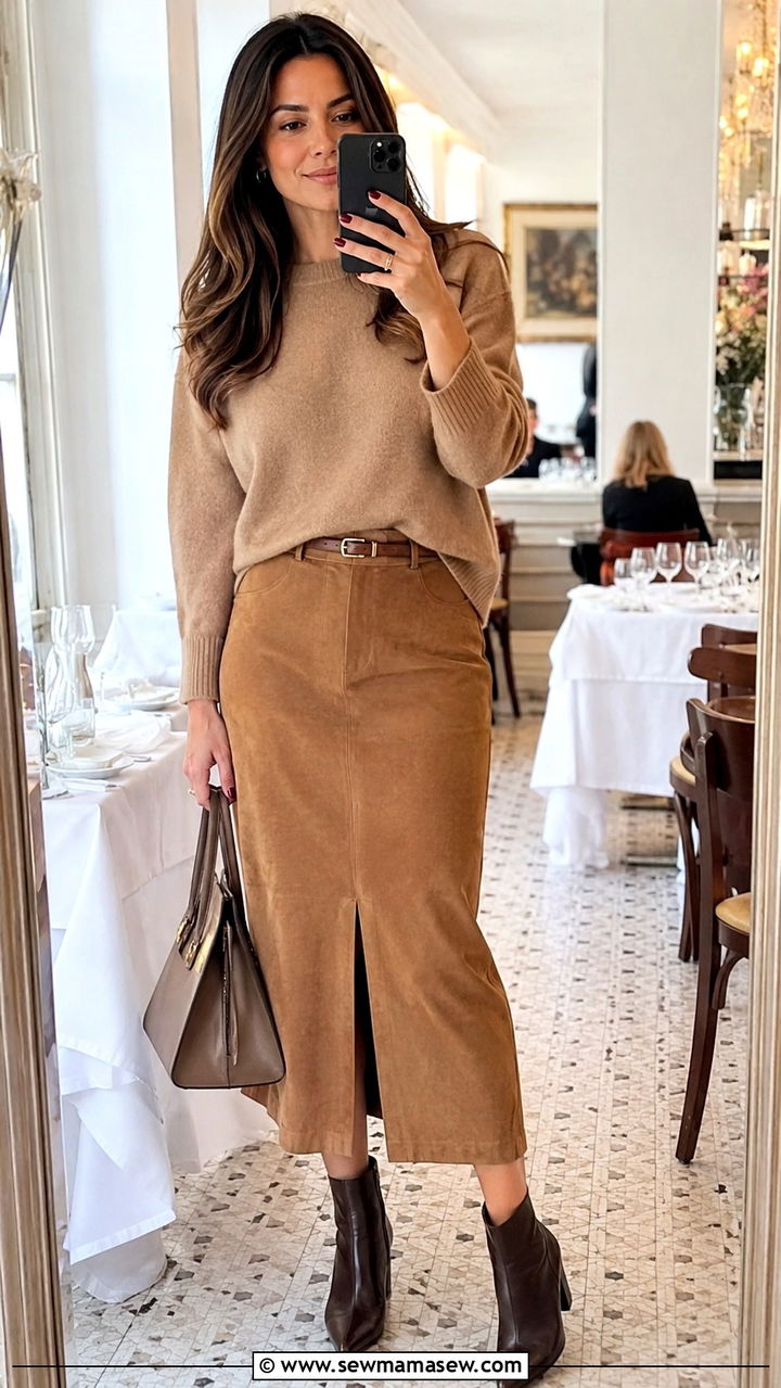 Suede Midi Skirt With Cashmere Sweater - 30 spring skirt outfit ideas