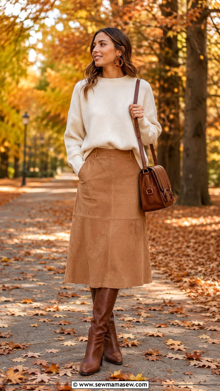 Suede Midi Skirt With Cashmere Sweater - 25 Boho outfit ideas with midi skirt