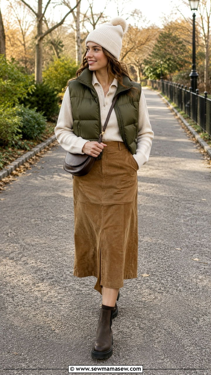 Suede Midi Skirt With Puffer Vest And Thin Wool Polo - 20 Western outfit ideas with suede skirt