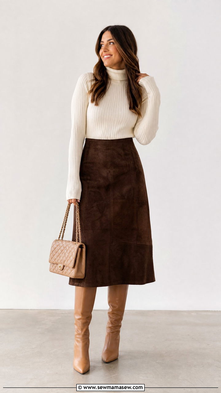 Suede Midi Skirt With Ribbed Turtleneck And Knee High Boots - 30 cute transitional outfits