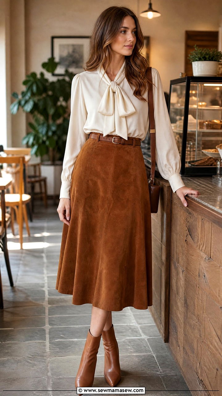 Suede Midi Skirt With Silk Blouse And Ankle Boots - 25 French girl outfit ideas 2026