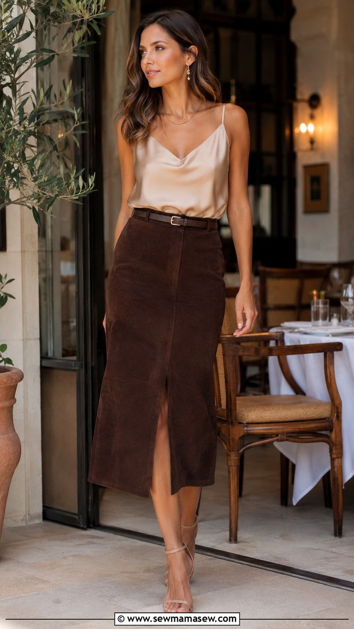 Suede Midi Skirt With Silk Cami And Strappy Heeled Sandals - 20 Western outfit ideas with suede skirt