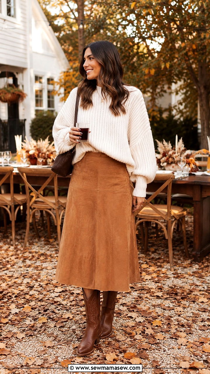 Suede Midi Skirt and Chunky Knit With Tecovas Boots - 20 Western outfit ideas with Tecovas boots