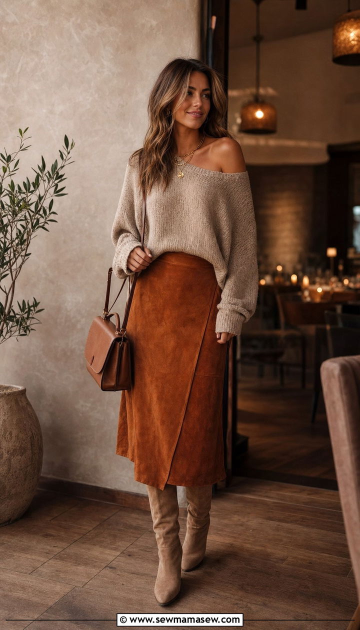 Suede Midi Skirt with Off Shoulder Sweater and Knee High Boots - 35 casual boho outfits